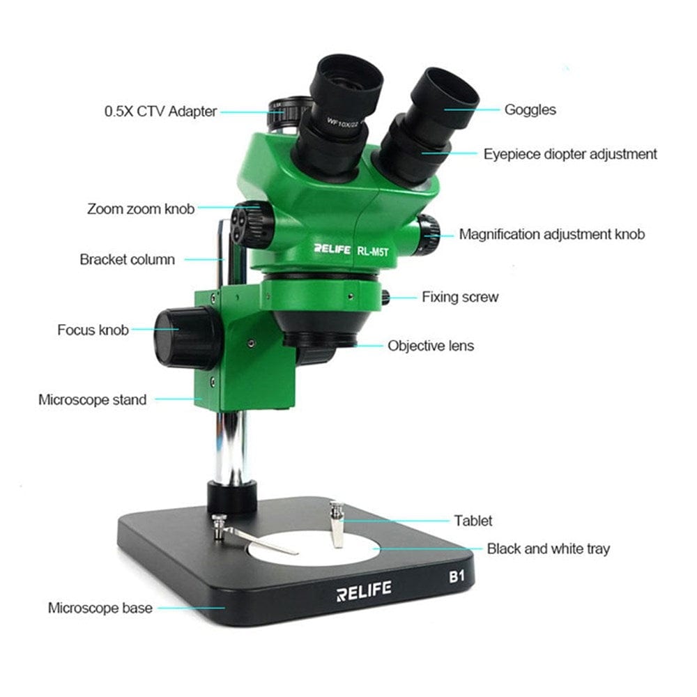 Livraison gratuite Microscope Trinoculaire RELIFE RL-M5T-B1 HD 0.7-5X avec Lumière LED